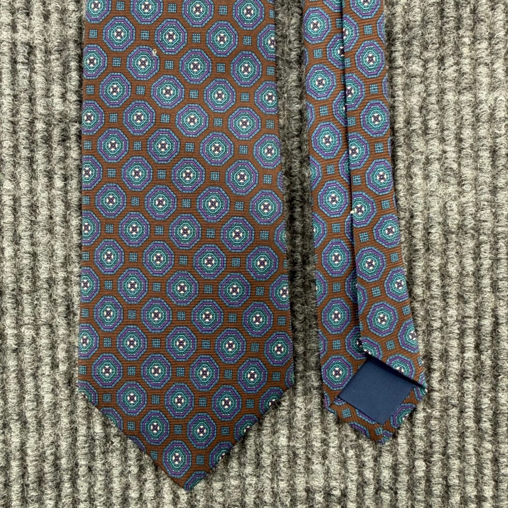 Egon Von Furstenberg Mens Silk Tie Brown Blue Geometric Medallion Italian